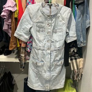 Express Denim Padded Shoulder Button Up Mini Dress